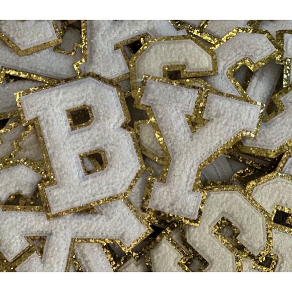 Mixed Lot of 15 Iron/Glue On 2” Chenille Letter Patch With Gold Glitter Trim - Picture 11 of 15